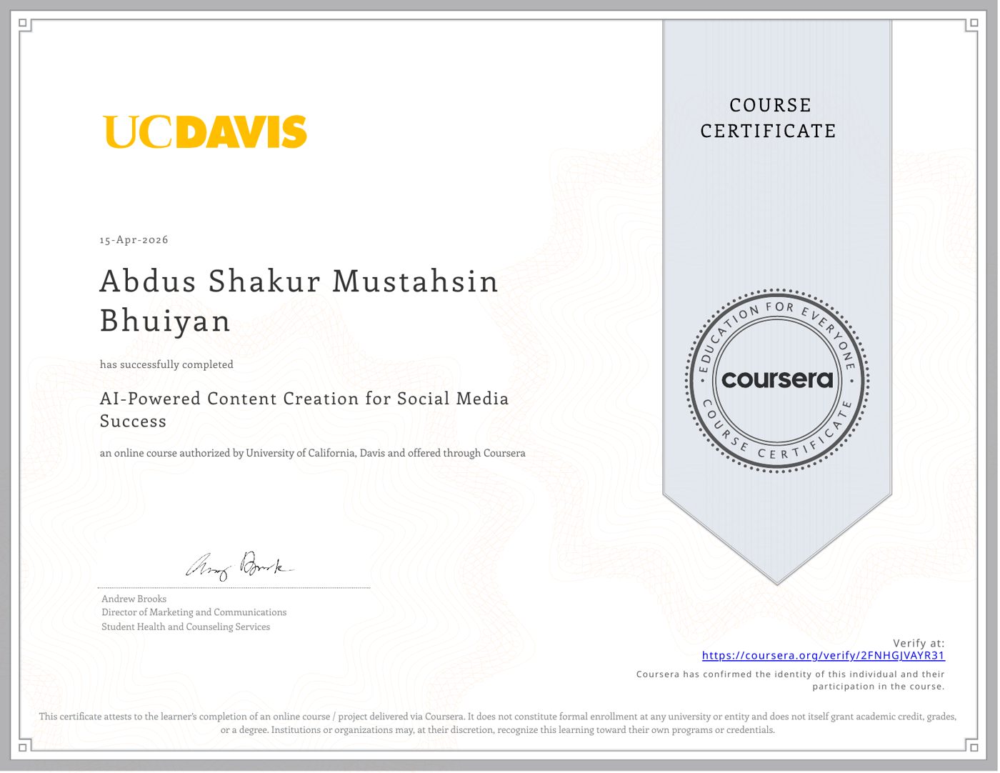 Coursera course certificate: AI-Powered Content Creation for Social Media Success
